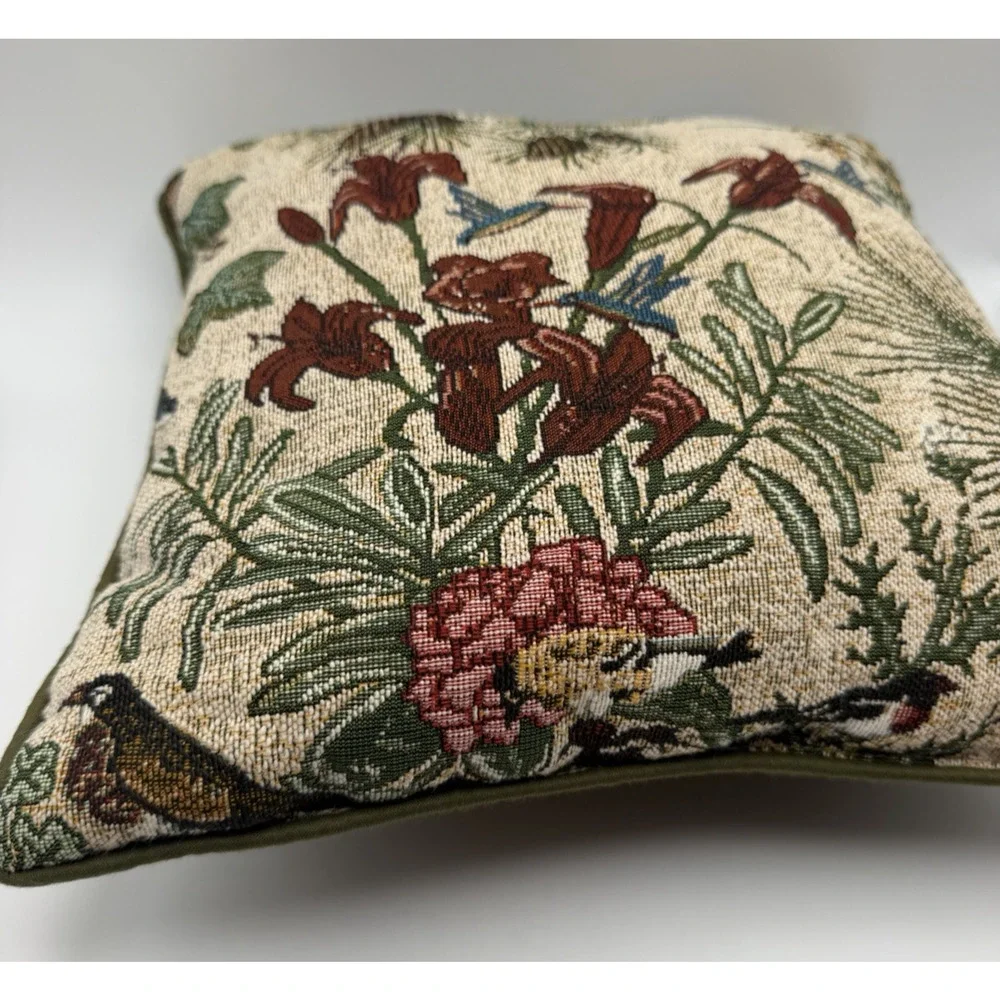 Vintage Tapestry Throw Pillow 12x12 Hummingbird Floral Botanical Pattern Cottage
